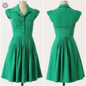 Anthropologie Maeve Beda Midi Dress Green Retro Cap Sleeve with Pockets S/M 4/6